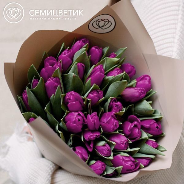 Букет из 35 фиолетовых тюльпанов