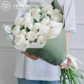 Букет из 25 белых пионов Premium в зеленой пленке