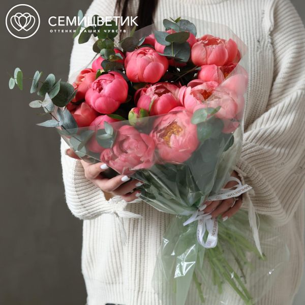 Букет из 15 пионов Coral Sunset Premium с эвкалиптом в полупрозрачной упаковке