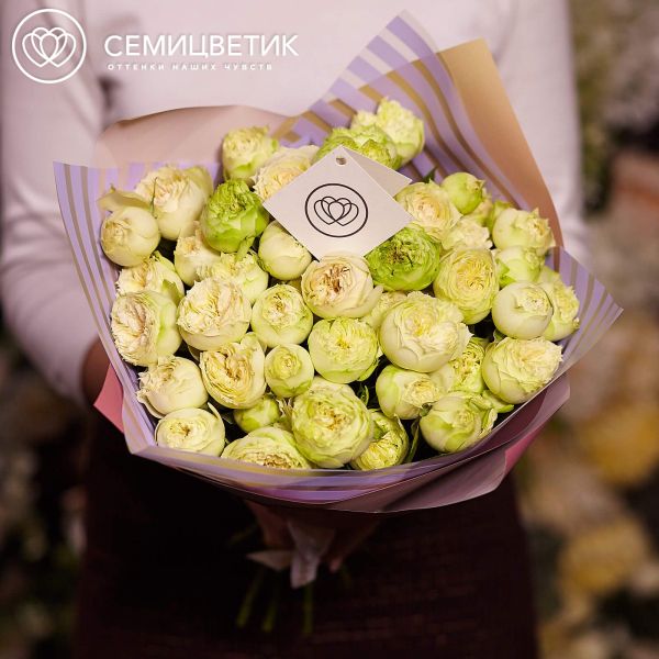 Букет из 15 бело-фисташковых кустовых пионовидных роз Blanchette 40 см