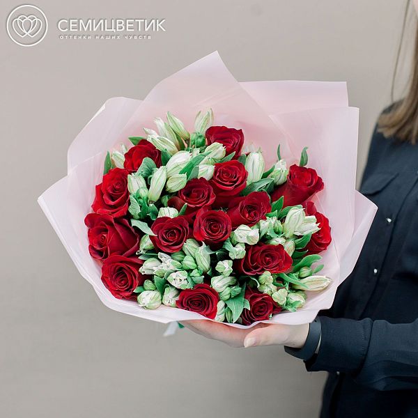 15 роз Premium и 7 альстромерий красно-белый букет ZL