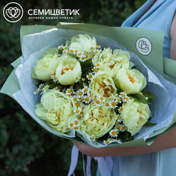 Букет из 9 лимонных пионов Lemon Chiffon Premium с матрикарией