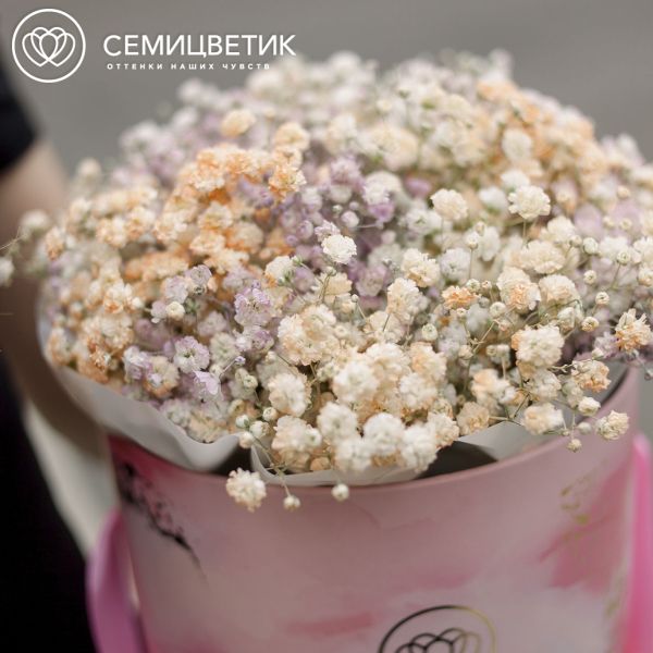 Букет в розовой шляпной коробке Amour Mini из гипсофилы микс