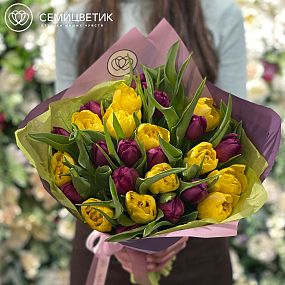 Букет из 25 пионовидных желтых и фиолетовых тюльпанов
