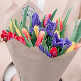 Букет из 10 синих ирисов и 15 тюльпанов 40 см в кремовой пленке