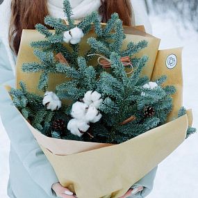 Букет из ели, хлопка, шишек и корицы