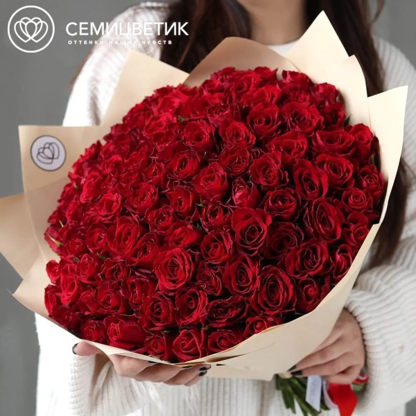 Букет из 101 красной розы 35-40 см (Кения) в кремовой пленке
