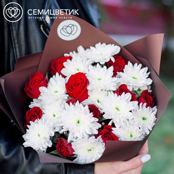 Букет из 3 белых кустовых хризантем и 10 красных роз (Кения) в бордовой пленке