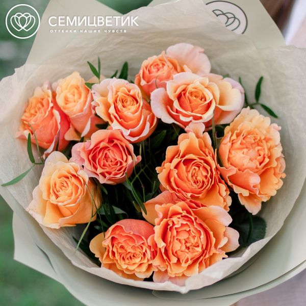 Букет из 11 персиковых пионовидных роз Mayra's Peach 40 см с фисташкой