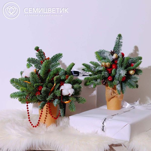 Композиция с елью в красных тонах в стакане