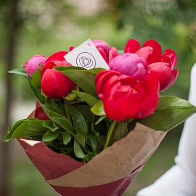 Букет из 7 пионов Old Faithful и Coral Sunset Standart в упаковке