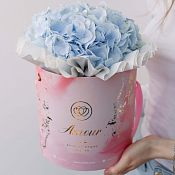Букет в розовой шляпной коробке Amour Mini из 3 голубых гортензий