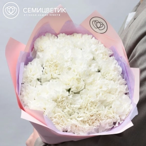 Букет из 25 белых гвоздик в розовой пленке