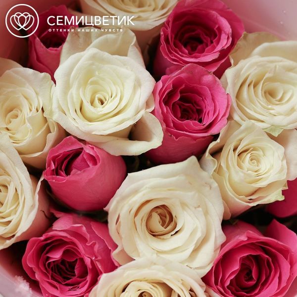 Букет из 15 белых и розовых роз 50 см (Кения) в розовой упаковке