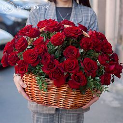 Композиция из 51 красной с темной каймой розы Магия (Россия) в корзине