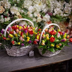 Композиция из 201 тюльпана микс с зеленью в корзине