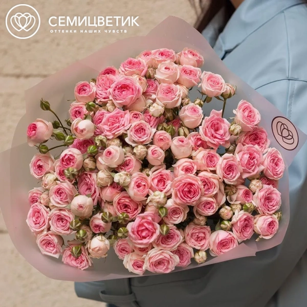 Букет из 15 кустовых пионовидных розовых роз 60 см (Россия) в прозрачной пленке