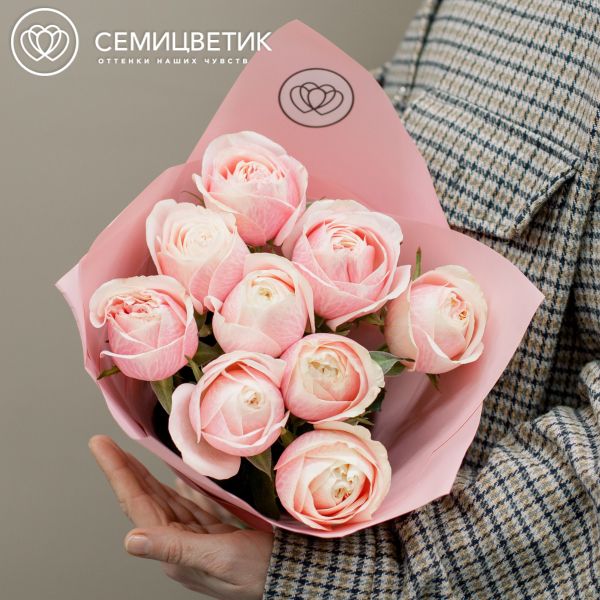 Букет из 9 нежно-розовых пионовидных роз Swan Grace 40 см в розовой пленке