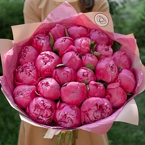 Букет из 25 ярко-розовых пионов Command Performance Premium в розовой пленке