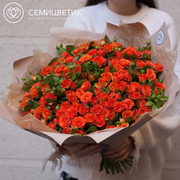 Букет из 51 оранжевой кустовой розы 40 см (Кения) в кремовой пленке