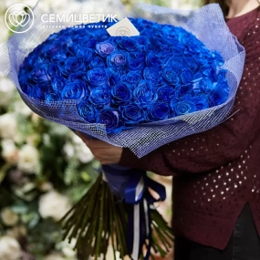 Букет из 101 синей розы 60 см (Эквадор) в упаковке