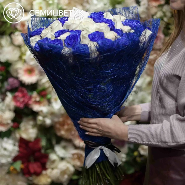 Букет из 71 белой и синей розы 60 см (Эквадор) в упаковке