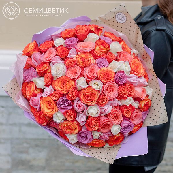 Букет из 101 розы 50 см микс в ярких тонах (Эквадор)