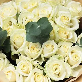 Букет из 25 белой розы 50 см (Россия) с эквалиптом