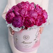 Букет в розовой шляпной коробке Amour Mini из 21 ярко-розового пиона Standart Plus