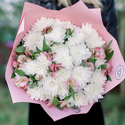 Букет учителю литературы  из 5 белых кустовых хризантем и 10 розовых альстромерий